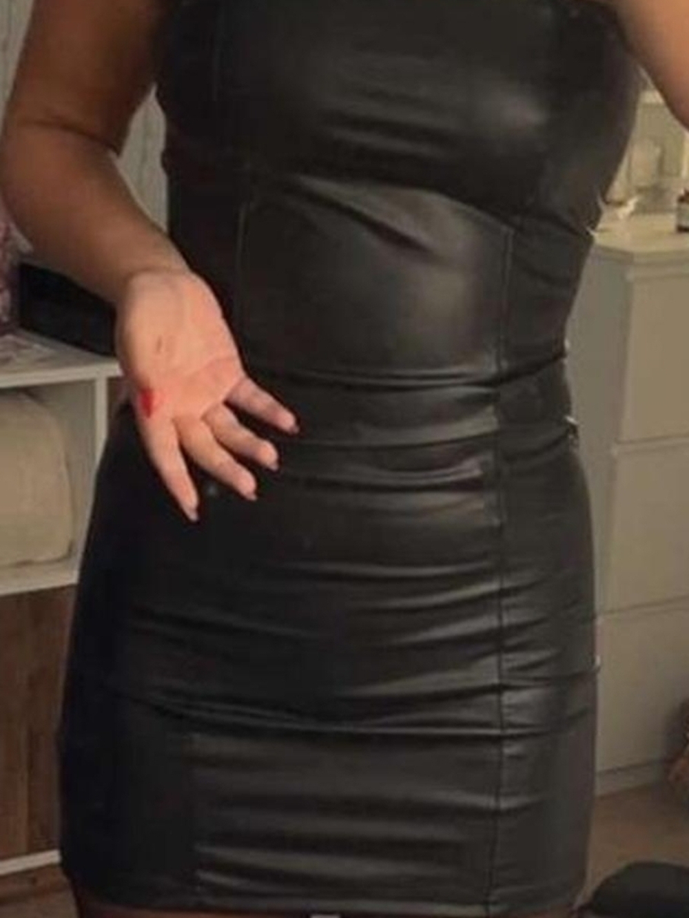 Sleek Black Faux Leather Bodycon Dress - Women's
